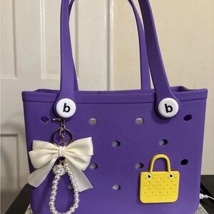 Purple Tote Bag with Pearl Charm